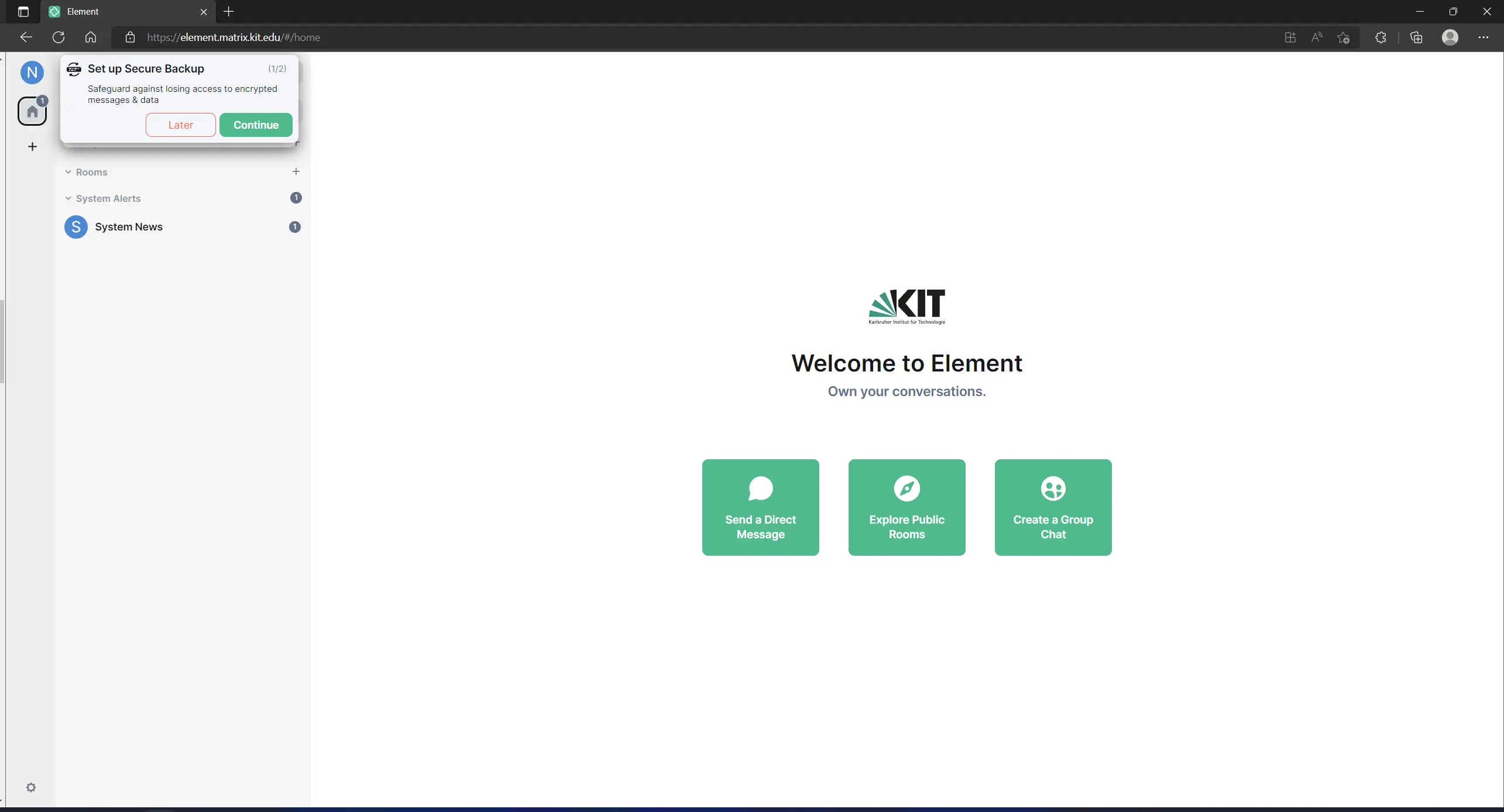 After logging in, press Continue on “Set up Secure Backup”