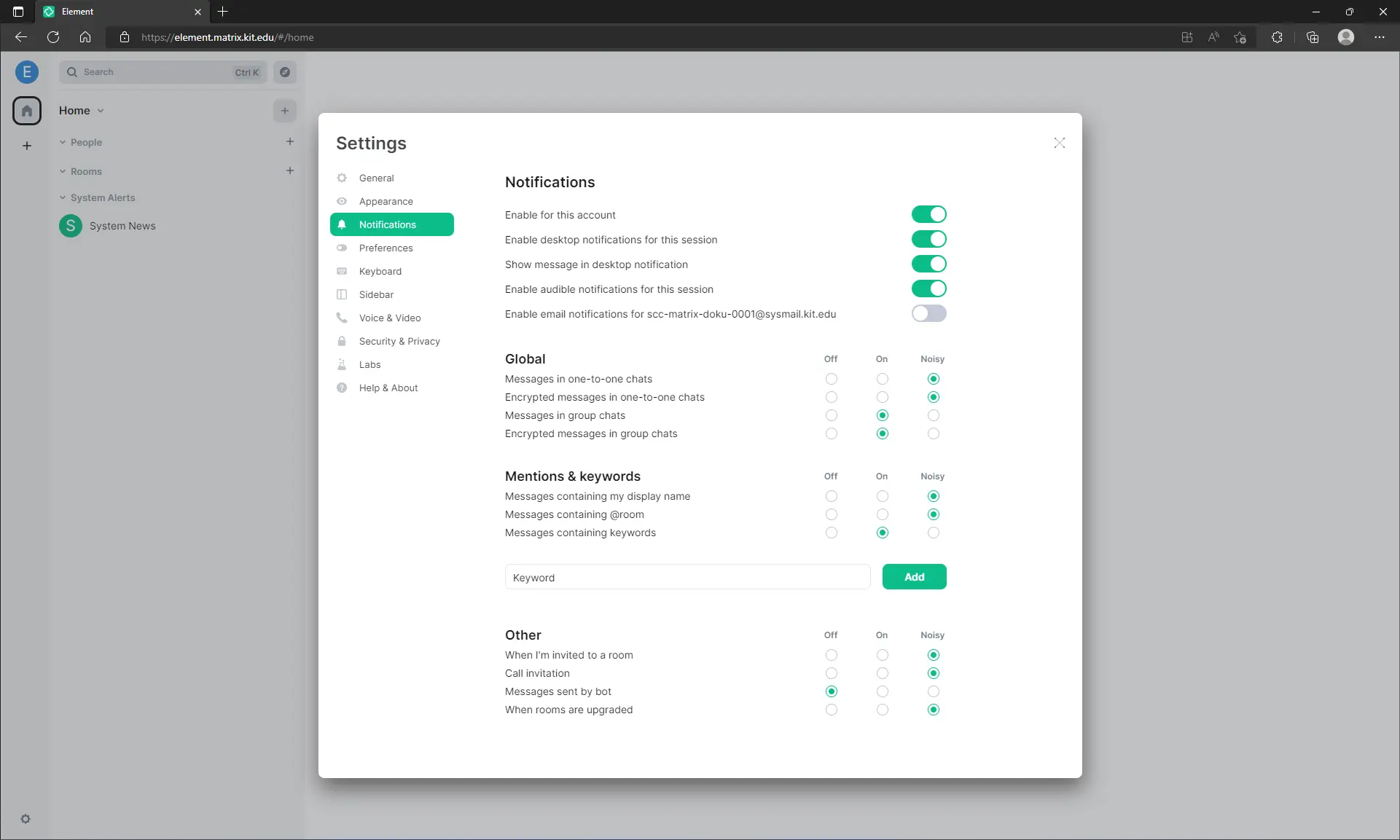 screenshot of the menu to select when to send notifications