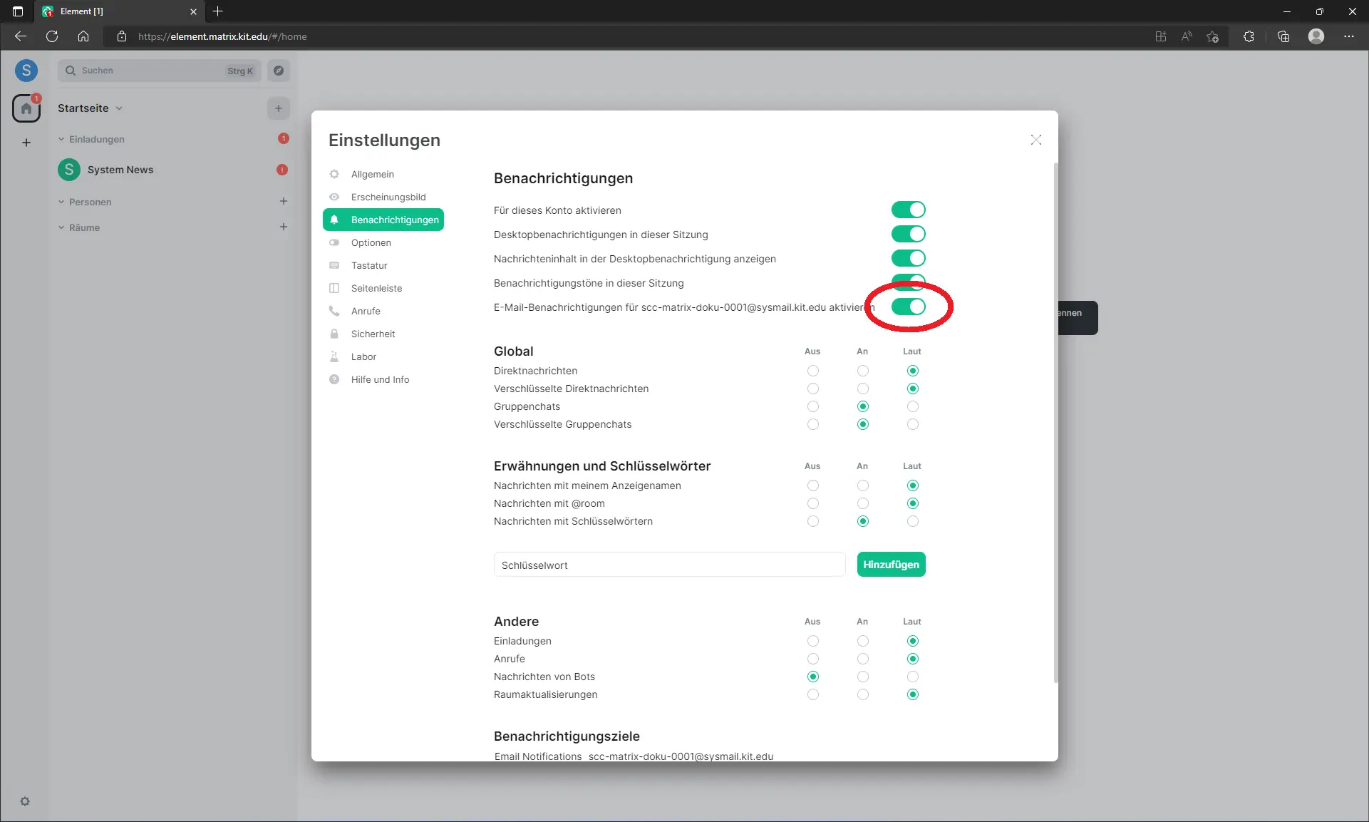 Screenshot E-Mail Benachrichtigungen zu aktivieren