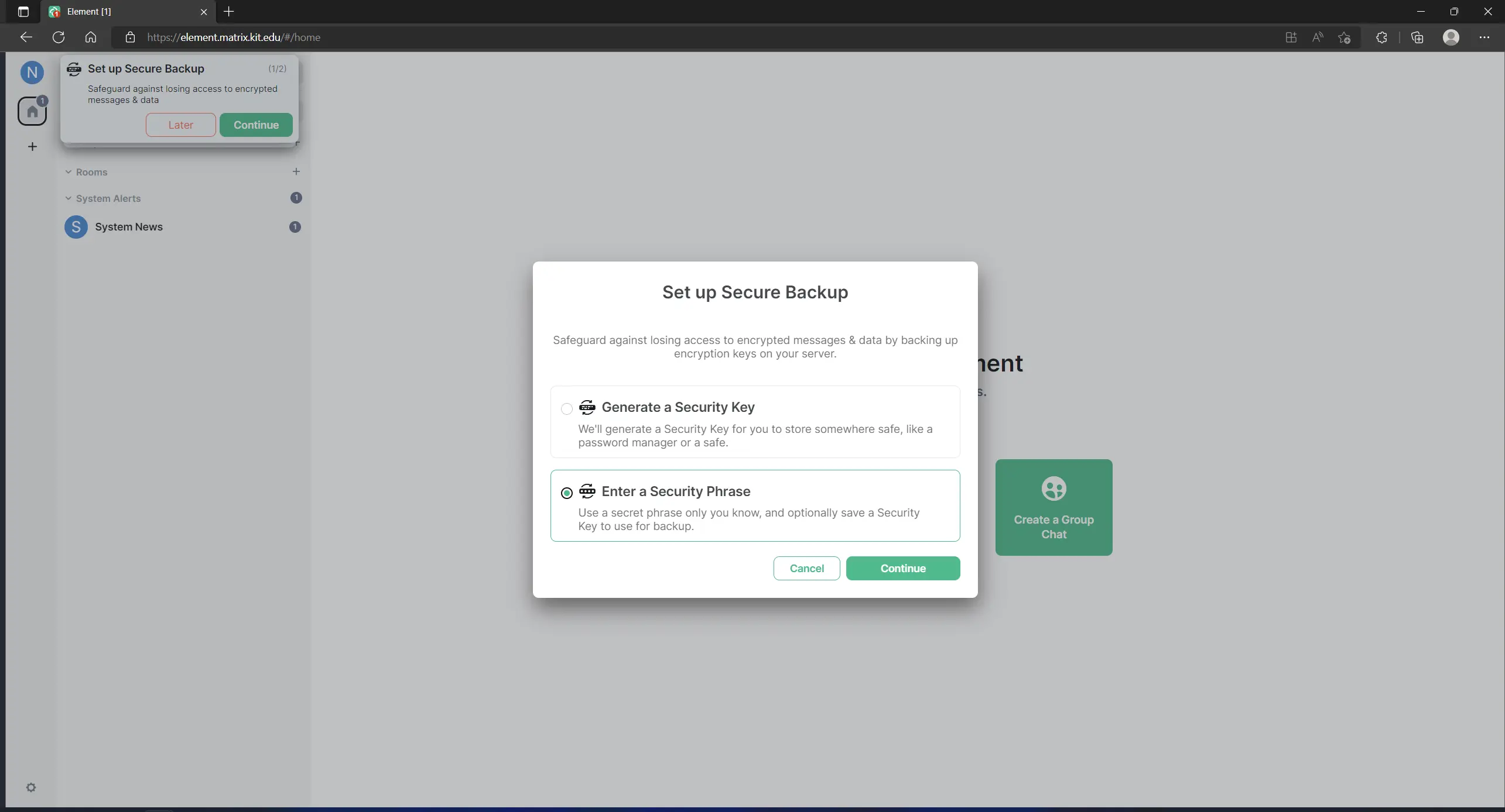 Prompt to generate a security key or enter a security phrase