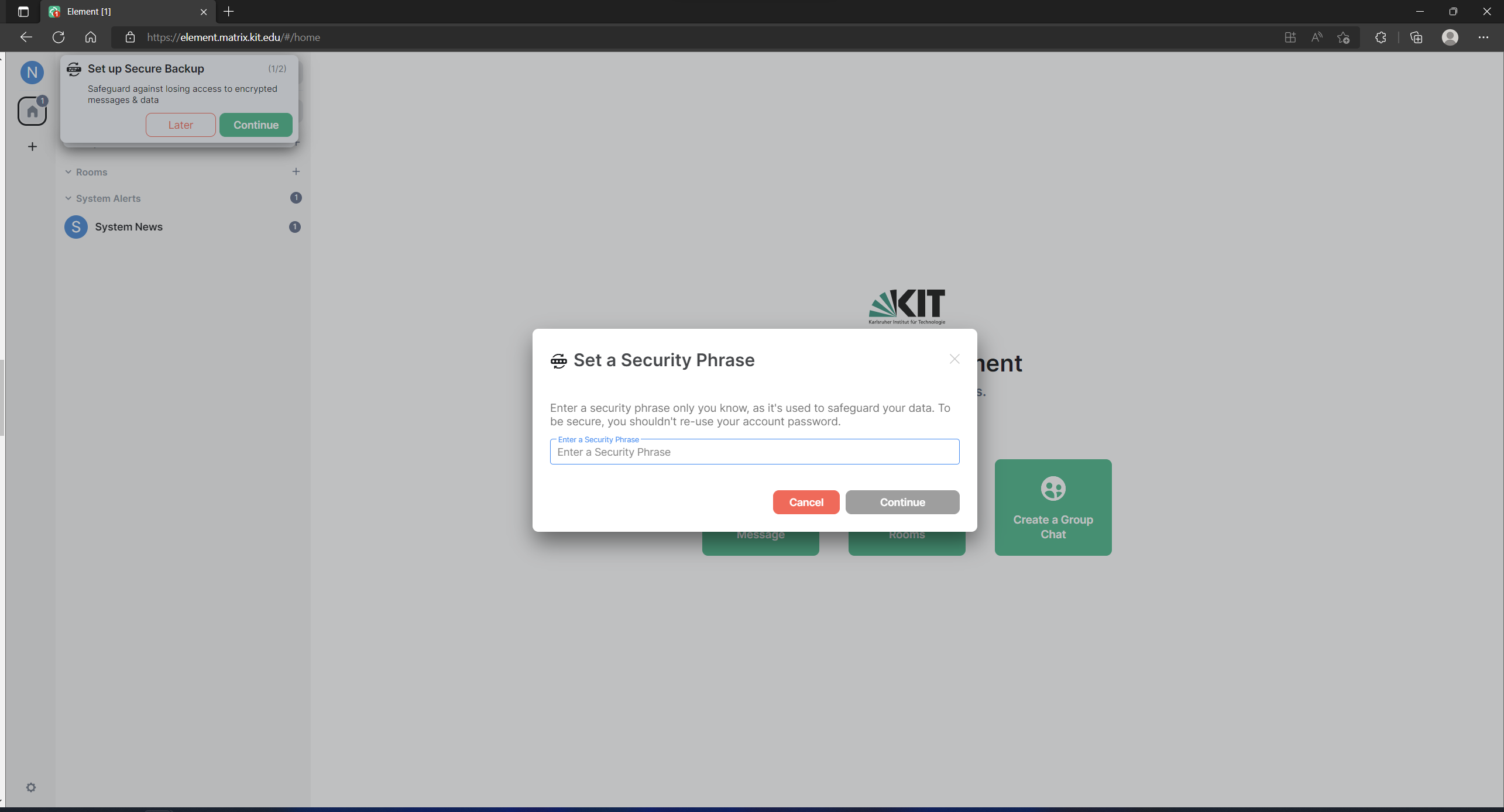 Prompt to enter a security phrase for the key backup