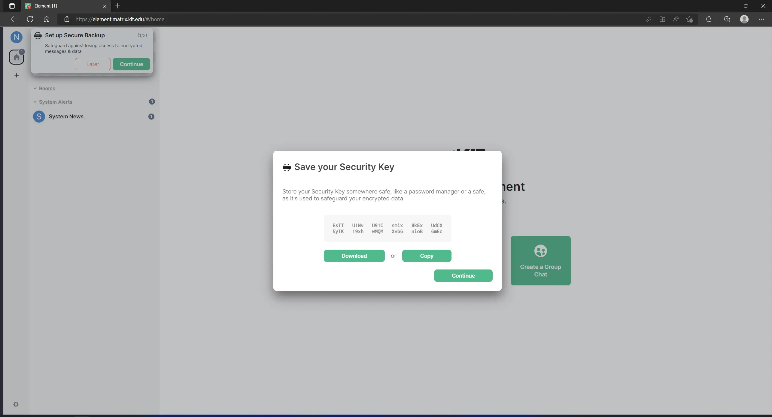 Display of the security key to write or save away