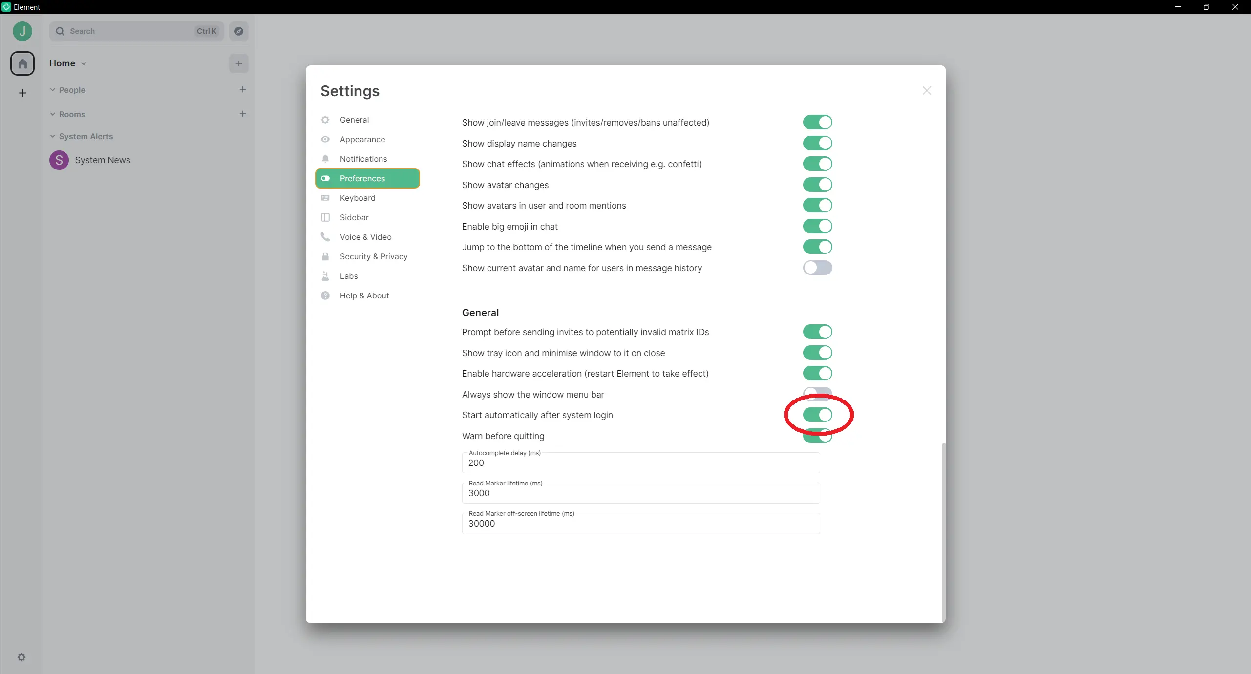 settings marked with the dot start automatically after system startup