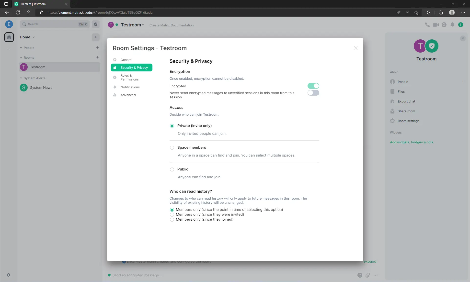 Security settings for the newly created room