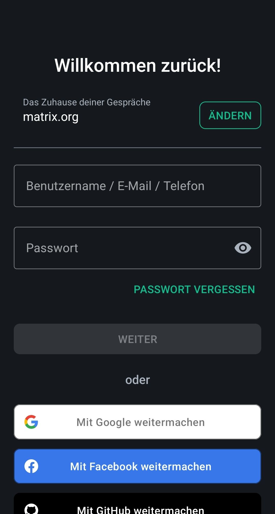 Screen for choosing the login mechanism