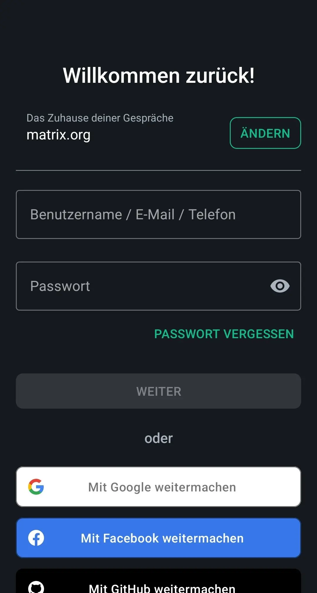 Screen for choosing the login mechanism