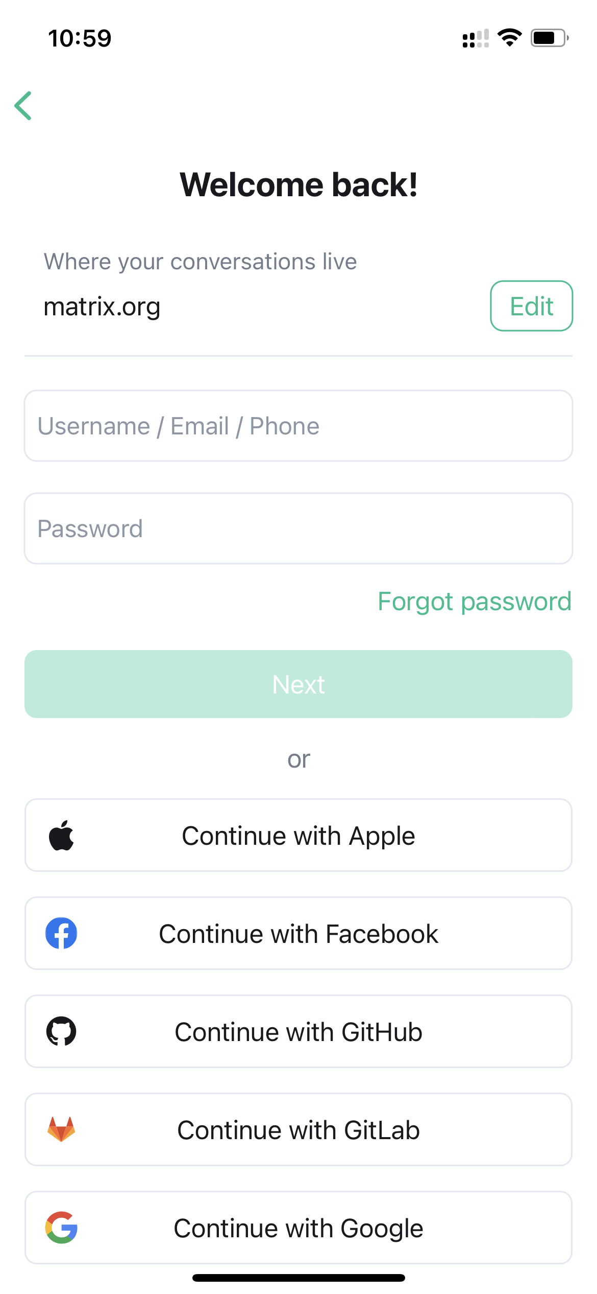 Screen for selecting the login method