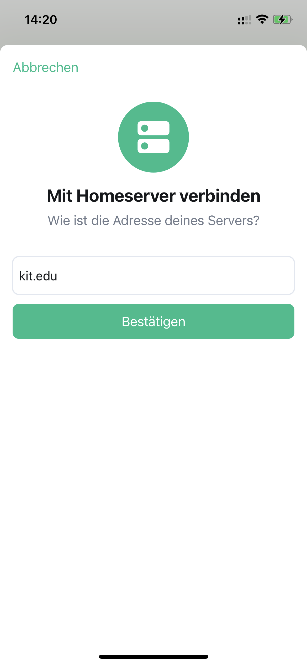 Bildschirm zur Eingabe der Serveradresse