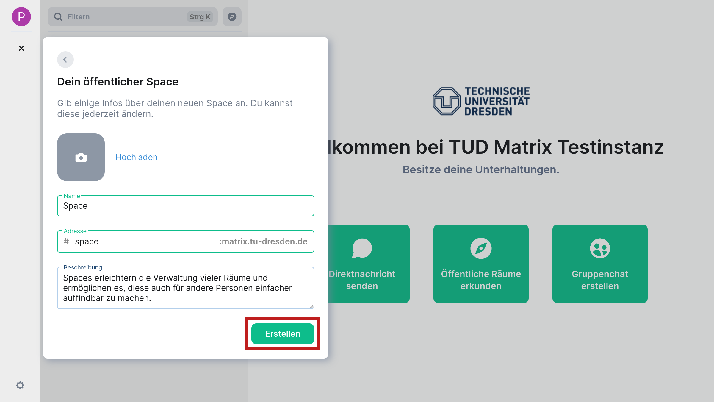 Erklärender Screenshot zur vorangegangen Beschreibung mit Marker auf den Erstellen-Button