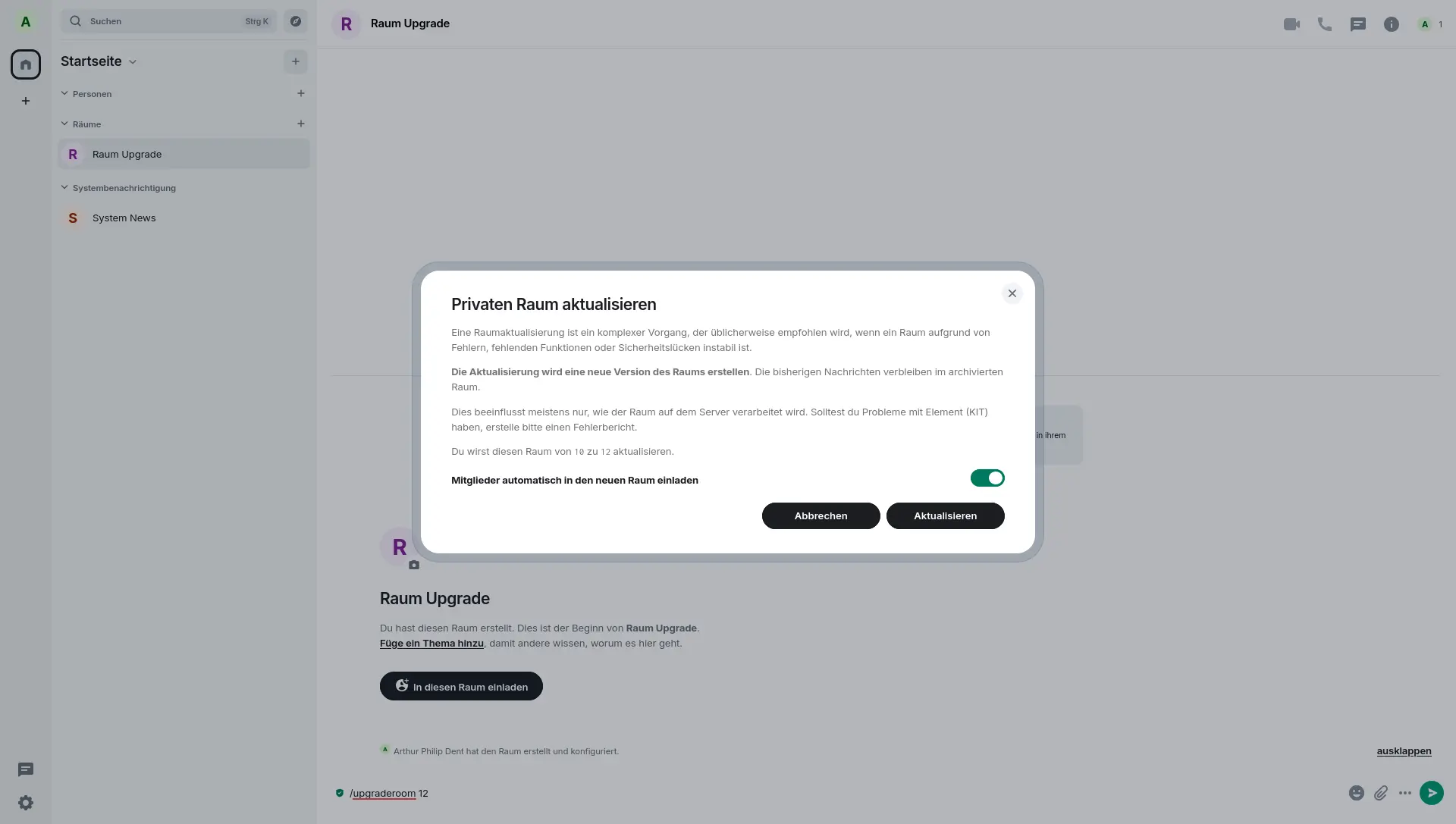 Raum upgraden bestätigen