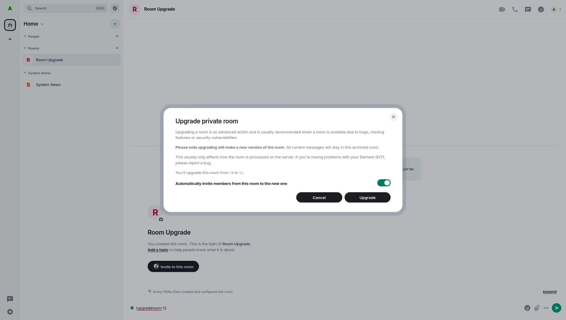 Confirm room upgrade